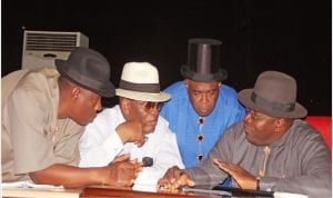 L-R: Speaker, Bayelsa State House of Assembly, Kombowei Benson, Bayelsa State Deputy Governor, Rear Admiral. Gboribiogha John Jonah, Secretary to the State Government, Serena  Spiff and Governor Seriake Dickson, at the swearing-in  of Commissioners and Special  Advisers in Bayelsa on Wednesday