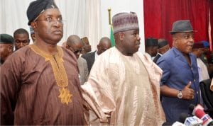 L-R: PDP National Secretary, Prof. Wale Oladipo, PDP National Chairman, Dr Ali Modu Sheriff, and Acting Chairman of PDP National Working Committee,  Uche Secondus, during the inauguration of PDP Special Committees for the coming National Convention in Abuja on Tuesday