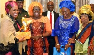  L-R: Wife of the President, Aisha Buhari,  wife of Abia State  Governor  Mrs Nkechi Ikpeazu, wife of  Abia State Deputy Governor, Mrs Vivian Ude Okochukwu  and wife of  Nigerian First Military Head of State,  Mrs Victoria Aguiyi Ironsi,  during a courtesy call on the wife of the President by Abia State Women  at the Presidential Villa in Abuja on Wednesday