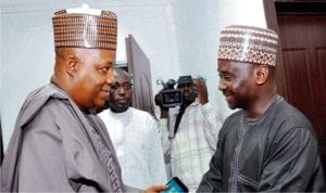 Director General, National Emergency Management Agency (nema), Alhaji Sani Sidi (right), welcoming Governor Kashim Shettima of Borno State to nema headquarters in Abuja, recently.