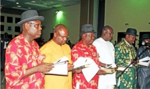 Cross section of Commissioners and Special Advisers taking their oath of office before Governor Seriake Dickson in Bayelsa last Wednesday