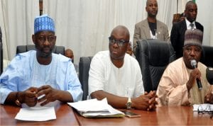 L-R: Former Governor of Gombe State, Ibrahim Dankwabo, Governor Ayodele Fayose of Ekiti and Peoples Democratic Party National Chairman, Dr Ali Modu Sheriff, at the inauguration of PDP Special Committee for the coming National Convention in Abuja on Tuesday.