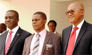 L-R: Deputy Managing Director Ecobank Nigeria, Mr Anthony Okpanachi; Chief Medical Director University of Nigeria Teaching Hospital (Unth), Dr Chris Amah and Ecobank Head of Commercial Banking, Mr Shehu Jafiya, during the handover of Consultant Doctors Common Room Building to Unth in Enugu, recently.