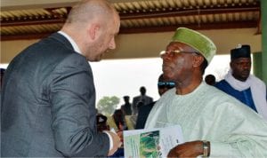 Polish Ambassador to Nigeria, Amb Andrzej Dycha (left) in a chat with the Minister of Agriculture, Chief Audu Ogbe, at the 2016 National Agricultural Show in Keffi, Nasarawa State, recently.