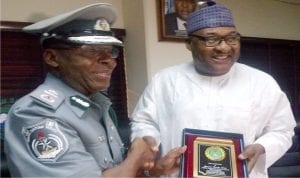 Zonal Coordinator, Zone A, Nigeria Customs Service, Assistant Compt. Ekpowie Edike (left) being presented with plaque by the Executive Secretary, Nigeria Shippers Council, Hassan Bello, during his courtesy visit to the Executive Secretary in Lagos last Friday.