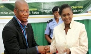 Rivers State Governor, Chief Nyesom Wike, represented by his Deputy, Dr. (Mrs) Ipalibo Harry Banigo (right), receiving an Award of Excellence from Hon. Tamunosisi Gogo-Jaja on behalf of the National Executive Council (NEC) of the University of Nigeria Alumni Association (UNAA), during its NEC meeting in Port Harcourt, at the weekend.