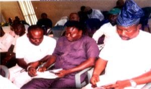 Chairman, Rivers State Council of National Youth Council of Nigeria (NYCN), Ambassador Sukubo Sara-Igbe Sukubo (middle), Edo State chairman of NYCN, Innocent Ajayi (left) and Delta State chairman of NYCN, Comrade Hope, during an extra-ordinary Congress of the youth council in Benin.