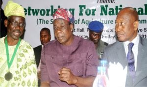 L-R: President, National Institute of Public Relations (NIPR), Dr Rotimi Oladele, Oyo State Deputy Governor, Chief Moses Adeyemo and former Director, Army Public Relations, Maj.- Gen. Chris Olukolade (rtd), at the opening of National Conference/AGM of National Institute of Public Relations (NIPR) in Ibadan on Thursday