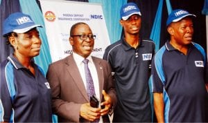 L-R:Principal Manager, Nigeria Deposit Insurance Corporation (NDIC), Mrs Pamela Roberts, Controller Enugu Zone, Mr Ayuba Ibrahim, Management Assistant, Mr Alfred Ijah and Assistant Director Claims, Mr Aloysius Ezeoke, during a news conference on the activities of NDIC at the last 27th Enugu International Trade Fair in Enugu. 