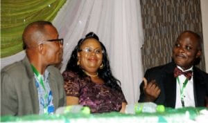 L-R: Co-coordinator, United Nations Sustainable Development Solution Network (UNSDSN), Prof. Labode Popoola; Founder, Grass Root Education for Girls Child Empowerment Foundation, Mrs Gloria Umar and Chairman, NSE monthly Workshops and Conferences, Prof. David Esezobor at the NSE Workshops and Conference in Abuja, recently.