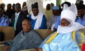 President, National Agricultural Foundation/Chairman Senate Committee on Agriculture, Senator Abdullahi Adamu (left) with Sarkin Keffi III, Alhaji Shehu Yamusa, at the 2016 National Agricultural show in Keffi, Nasarawa orecently.