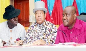 R-L: Rivers State Governor, Chief Nyesom Wike, Chairman of the state Council of Traditional Rulers/ Amanyanabo of Opobo, King Dandeson Jaja  and Rivers State Commissioner for Chieftaincy Affairs, Mr  John Bazia,   during the 103rd Quarterly meeting of Rivers Traditional Rulers in Port Harcourt ,yesterday