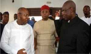 Speaker, Rivers State House of Assembly, Rt Hon Adams Dabatarudima (left), listening to the Chairman, House of Representatives Committee on Army, Hon Rimamude Shawulu Kwewun (right) and Amb Kingsley S. Ebenyi during the visit of the committee members to Gokana, yesterday.