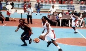 Female basketball players  in competition