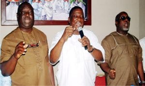 L-R: First Deputy National Chairman, Petroleum Tanker Drivers Branch of Nigeria Union of Petroleum and Natural Gas Workers (NUPNGW), Lucky Osesua, National Chairman, Salimon Oladiti, and  Second National Deputy Chairman, Comrade, Dayyabu Garga, at the National Safety Training Programme for tankers drivers in Lagos on Wednesday.