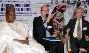 L-R: Borno State Governor, Kashim Shettima, Political Counsellor, British High Commission in Nigeria, Abuja, Mr Ben Llewellyn-Jones and Mission Director, USAID Nigeria, Mr Michael  Harvey, during the Ist annual Dialogue on Rebuilding Borno in Abuja on Tuesday