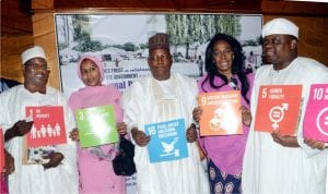 L-R: Senate Majority Leader, Senator Mohammed Ali-Ndume, Governor Kashim Shettima of Borno State, Chief Executive Officer, Ayoade Olatunbosun-Alakija Global (AOA), Dr Ayoade Olatunbosun-Alakija and Senate Committee on Health, Senator Lanre Tejuoso, during the 1st annual dialogue on Rebuilding Borno in Abuja, on Tuesday.