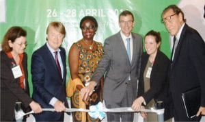 L-R: Project Manager, Food Processing and Packing Machinery, Ms Martina Claus, Managing Director of Fairtrade, Mr Martin Marz, Technical Adviser  (Youth and Gender) to the Minister of Agriculture and Rural Development, Mrs Mosumola Umar, Consular General, Embassy of France, Lagos, Mr Laurent Polonceaux, Project Manager, Subsaharan Africa Livestock and Genetics, Aude Roelly, and Economic Councillor, French Embassy, Francis Widmer, at the opening of Exhibition and Conference on Agrofood and Plastprintpack Nigeria in Lagos, yesterday.