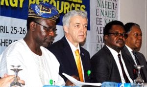 L-R: President, Nigeria Association for Energy Economics (NAEE), Prof. Wumi  Lledare, 2016 president-elect,  International Association for Energy Economics (IAEE), Mr Ricado Raineri, representative  of the Vice President of Nigeria, Mr Chinedu Ugbo, and chairman of the occasion, Mr Odein Ajumogobia, during the 9th NAEE/IAEE annual international conference in Abuja recently.