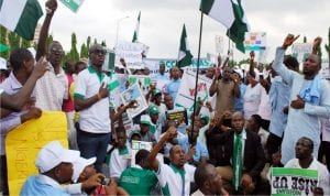 Members of the Citizens United for Peace and Stability protesting against alleged corruption and non-passage of the 2016 Budget, at the entrance of the National Assembly in Abuja. yesterday