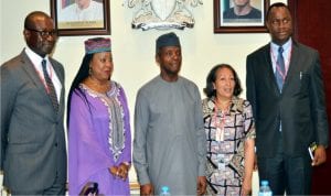 L-R: Senior Human Rights Adviser to Nigeria/UN Resident Coordinator, Mr Martin Okey Ejidike,  UNDP Resident Representative , Fatima Samoura, Vice President Yemi Osinbajo,  UNICEF Representative to Nigeria and ECOWAS,  Jean Gough and Nigeria - Country  Director, United Nations Development Programme,  Mr Pa Lamin  Beyai,  during a courtesy call on the Vice President at the Presidential Villa in Abuja on Monday