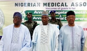 L-R: Minister of Health, Prof Isaac Adewole, Governor Aminu Tambuwal of Sokoto State and Minister of State for Health, Dr Osagie Ehanire, at Nigeria Medical Association Annual Conference in Sokoto yesterday.