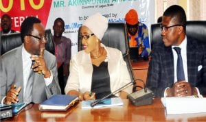 L-R: Lagos State  Commissioner for Information and Strategy, Mr Steve Ayorinde, Commissioner for Youth and Social Development, Mrs Uzamat-Yusuf and the Permanent  Secretary, Youth and Social Development, Hakeem Muri Okunola, at a news conference by Lagos Commissioner for Youth and Sports to mark one year of Governor Akinwunmi Ambode in office, in Lagos yesterday.