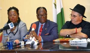 President, Nigeria Society of Engineers (NSE), Engr Otis Anyoeyi (middle), addressing journalists at the Ernest Ikoli Press Centre, during a briefing by the NSE. With him are Vice President of NSE, Engr G. Massari (right) and Engr Edith Issidu, in Port Harcourt, yesterday.Photo: Nwiueh Donatus Ken