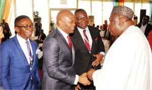 L-R: Director-general Oganiru Enugu State Investment  Summit, Mr Ike Chioke, Chairman United Bank for Africa, Mr Tony  Elumelu; Deputy Senate President, Chief Ike Ekweremadu and Governor Ifeanyi Ugwuanyi of Enugu State, during the 2016 Oganiru Enugu State Investment Summit in Enugu on Tuesday.