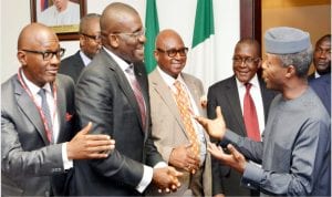 Vice President Yemi Osinbajo (right), discussing with Managing Partners, Perchstone and Graeys, Mr Osaro Eghobamien (left), Acting Managing Director and Chief Executive Officer of Bank of Industry, Mr Waheed Olagunju (2nd Left), Managing Director and Chief Executive Officer of Jevkon Oil and Gas Ltd, Dr George Onyung (3rd Left), during a meeting of chief executive officers of Indian Conclave at the Presidential Villa in Abuja, yesterday