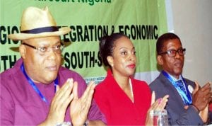 L-R:  Representative of Rivers State Governor, Mr Kenneth Kobani, representative of Vice President, Mrs Jemoke Odewale and President, South East-South-South Professionals of Nigeria, Mr Emeka Ugwu-Oju, at the 2nd South-East South-South Development Forum in Port Harcourt, yesterday 