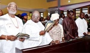L-R: Former Special Adviser to  President  Goodluck Jonathan on Political Matters, Sen. Ben Obi, a  chieftain of Afenifere Socio-Cultural Group, Chief Ayo Adebanjo, Deputy Governor of Ogun State, Yetunde Onanuga, former Deputy Governor of Lagos, at the funeral service for Dr Tunji Braithwaite held at  Revd’ Braithwaite Memorial Church, at Papa-Epe in Lagos State, yesterday.
