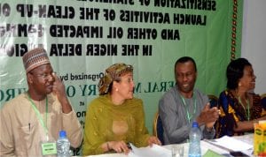 L-R: Minister of State for Environment, Ibrahim Usman, Minister of Environment, Amina Mohammed, Minister of Niger Delta Affairs, Pastor Usauni Usauni, Rivers State Commissioner for Environment, Mrs Roseline Konya at the sansitasation of stakeholders on Pre and Post Launch activities of the clean-up Ogoniland and other oil impacted communities in the Niger Delta Region in Port Harcourt, yesterday.                                                                                                        Photo: Chris Monyanaga