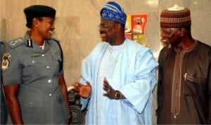 L-R:  Deputy Comptroller General of Customs (Exercise and Tariff), Mrs Banke Adeyemo,  Governor Abiola Ajimobi of Oyo State And Comptroller General of Customs,  Retired Col. Hameed Ali,  during the visit of the CG to Government House  in Ibadan rccently.