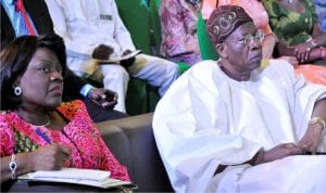 The Minister of Information and Culture, Alhaji Lai Mohammed (right) and the Permanent Secretary, Mrs Ayo Fasugba, at the National Summit on Culture and Tourism in Abuja on Friday.