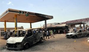 Burnt vehicles at Nnpc Mega Station and Shemaco Petrol Station, Ungwa /Mu'Azukaduna gutted by fire in Kaduna recently.