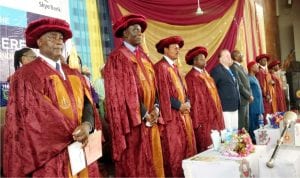 From Left: The Registrar, Ladoke Akintola University of Technology, Mr Jacob Agboola, the Vice Chancellor, Prof. Adeniyi Gbadegesin, Pro-chancellor and Chairman of the Governing Council, Prof. Wale Omole, Deputy Vice Chancellor, Prof. Timothy Adebayo, Representative of the Chancellor, University of Wisconsin-Stout, Usa, Prof. Mark Fenton and other guests, during the convocation ceremony in Ogbomosh.