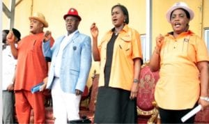 R-L. Factional State Chairperson, Nigeria Labour Congress (NLC, Comr. Beatrice Itubo), Rivers State Deputy Governor, Dr. (Mrs) Ipalibo Harry Banigo, State Chairman, Trade Union Congress (TUC), Comr. Hyginus Chika Onuegbu, Secretary to Rivers State Government, Kenneth Kobani, singing solidarity song, during workers day celebration in Port Harcour, yesterday