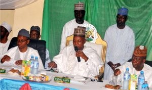 L-R: Gov. Nasir El-Rufai of Kaduna State; Chairman, Northern Governors Forum, Gov. Kashim Shettima of Borno, and Gov. Abdullazeez Yari of Zamfara, at the 19 Northern Governors Forum's  meeting in Kaduna on Friday.