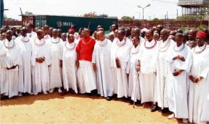 The Prime Minister (Iyase) of the Benin Kingdom, Chief Sam Igbe (6th  left), the Oracle (Esogban) of Benin, Chief David Edebiri (7th left), and other chiefs, at the official announcement of the demise of the Oba of Benin, Oba Erediauwa, Omo N'Oba N' Edo Uku Akpolokpolo,  at  Ugha-Ozolua in Benin City last Friday.