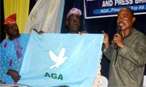 South-West Coordinator,  All Grassroots Alliance,  Mr Lucas Orubuloye, Vice- Chairman,  Mr Paul Agboola and Chairman of the party, Olukayode Ariyo, at the South-West inauguration of the party in Ibadan on Saturday