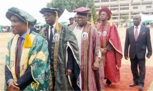 From Left: Vice Chancellor Unizik, Prof. Joseph Ahaneku, Pro-Chancellor and Chairman Governing Council, Retired Avm Larry Koinyan, Gwom Gwom of Jos, HRH Da Jacob Buba and Chancellor of the institution who is the representative of the President, Muhammadu Buhari, Prof. Anthony Anwuka, during the procession at the Unizik in Awka last Friday
