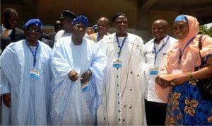 L-R: Minister of Health, Prof. Isaac Adewole; former President Olusegun Obasanjo; Chairman, Senate Committee on Agriculture, Sen. Abdullahi Adamu; Director-General, International Institute of Tropical Agriculture (Iita), Dr Nteranya Sanginga, and founder, Women Farmers Advancement Network (Wofan),  Hajia Salamatu Garba, at the inaugural meeting of Nigeria Zero Hunger Strategic Review Committee in Ibadan last Friday.