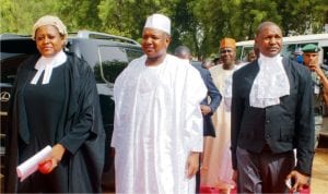 L-R: Kebbi State Attorney-General and Commissioner for Justice, Rakiya Ayuba, Kebbi State Governor, Atiku Bagudu and Attorney-General of the Federation, Alhaji Abubakar Malami, during the inauguration of the Federal High Court in Birnin Kebbi, recently.