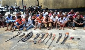 Cultist and amunition paraded at the Rivers State Police Command, during a press briefing, in Port Harcourt, recently.