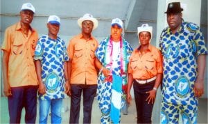 Rivers State Chairman, Nigeria Civil Service Union (NCSU), Comrade O. T. Tilly-West (3rd right), State Secretary, Comrade Dan Otakpo (right), Vice Chairman, Comrade Fidelis Ologodien (left), Treasurer, Comrade Grace Opurum (2nd right), State Auditor, Comrade Peaceman Horsfall (2nd left) and state Assistant Secretary, Comrade Dere Tammy, during the May Day celebration at the Yakubu Gowon Stadium in Port Harcourt, on Sunday. 