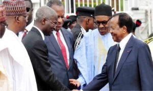 President Muhammadu Buhari (2nd-right), introducing members of his cabinet to the visiting President Paul Biya of Cameroun, at the Presidential Villa in Abuja yesterday 