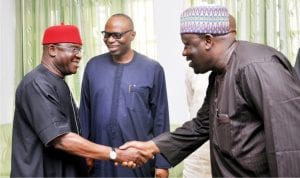 L-R: Senator representing Benue South, Sen David Mark, Gov. Olusegun Mimiko of Ondo State and Sen Saidu Kumo during their meeting at the Akure Airport recently.