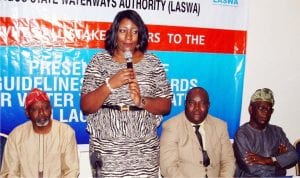 L-R: Area Manager, Nationalinl and Waterways Authority (Niwa), Lagos, Muazu Sambo; Managing Director, Lagos State Waterways Authority (Laswa), Bisola Kamson; Chairman, Lagos Ferries Operators, Paul Kalejaiye, and Representative of the Permanent Secretary, Lagos State Ministry of Transportation, Adebolamatanmi, at a Joint Presentation of Guidelines and Standards for Water transportation in Lagos State, on Tuesday.