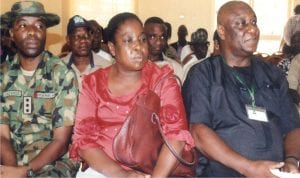 L-R: Assistant Director, Army Public Relations, 2 Brigade, Nigerian Army, Captain Eli Lazarus, Director Admin, Rivers State Newspaper Corporation, Mrs Emi Jameson, Zonal Manager, News Agency of Nigeria (NAN), Mr Mike Mbonye, at the 2016 World Press Freedom day in Port Harcourt.                                                            Photo: Egberi Sampson